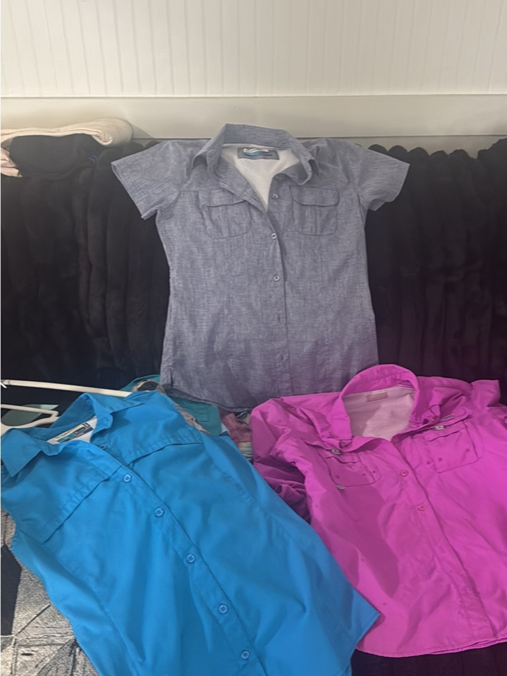 Womens Short-Sleeve Button-Up Shirt - Blue/Grey/Pink bundle